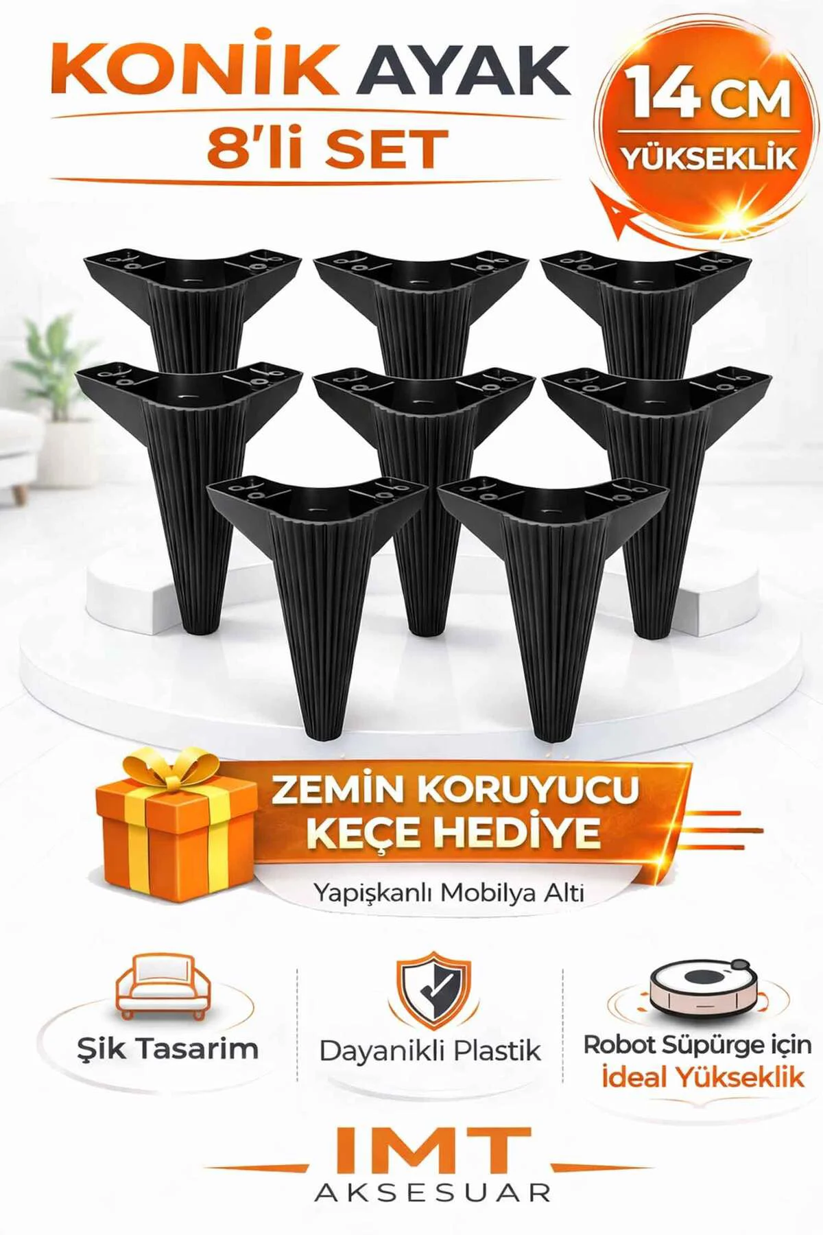 Konik 14 cm Siyah 8 Adet Mobilya Ayağı Robot Süpürgeye Uyumlu Kol Konik 14 cm Siyah 8 Adet Mobilya Ayağı Robot Süpürgeye Uyumlu Kol