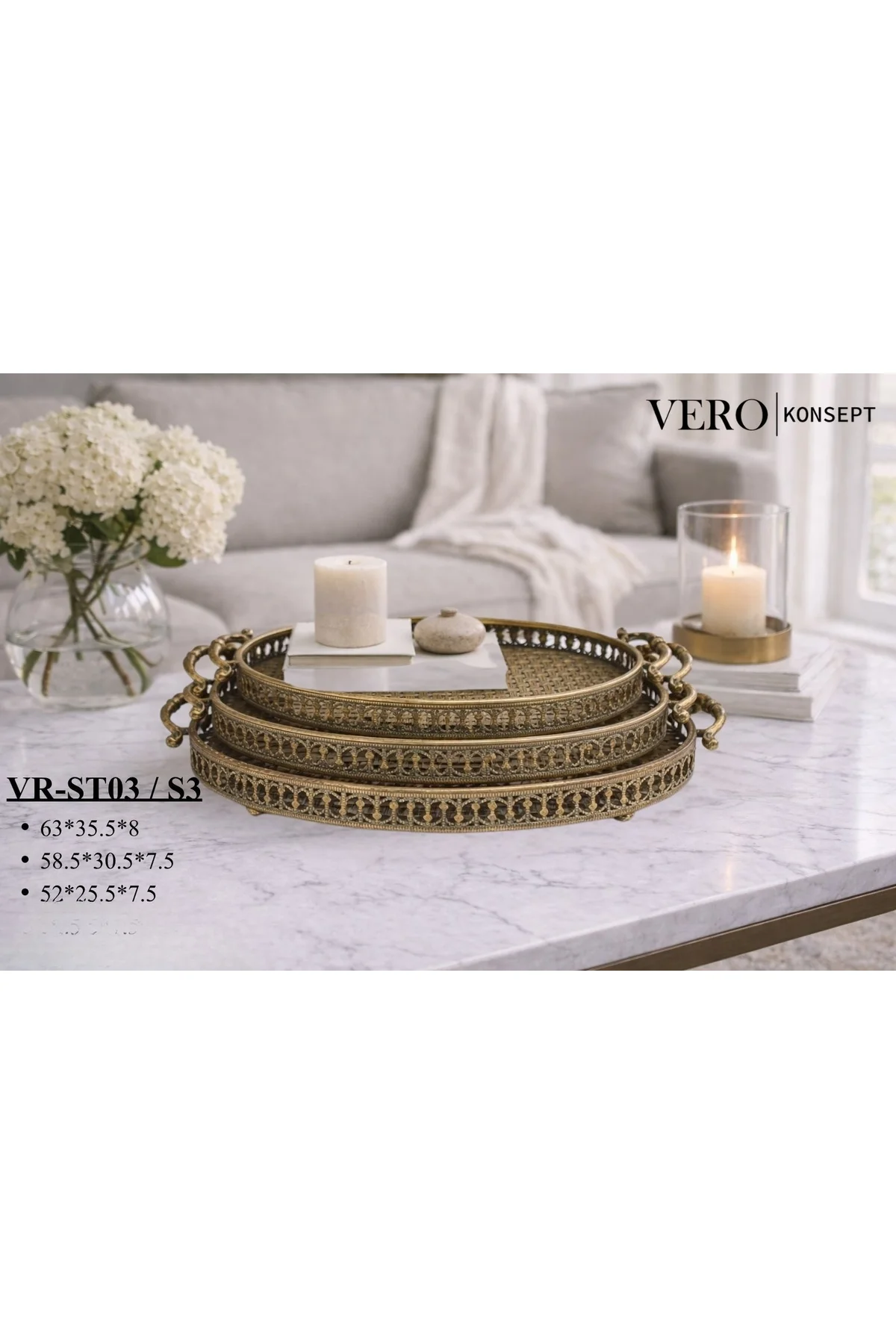 Konsept Antik Gold 3 lü Oval Ferforje Tepsi Seti VR-ST03 - Vintag