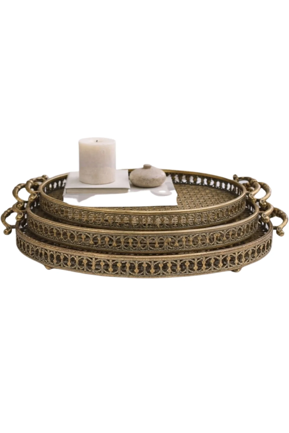 Konsept Antik Gold 3 lü Oval Ferforje Tepsi Seti VR-ST03 - Vintag