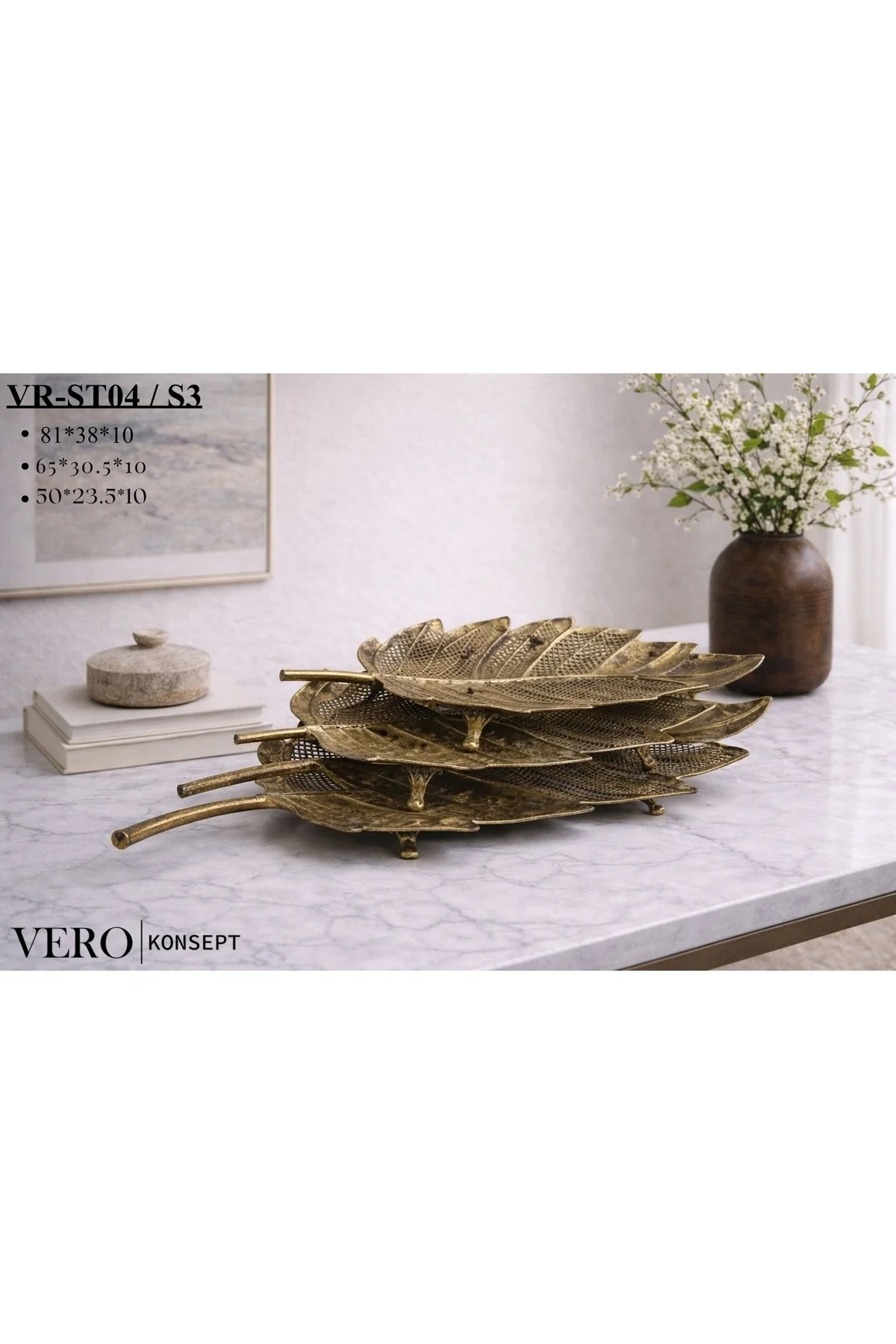 Konsept Antik Gold Yaprak Formlu 3 lü Dekoratif Tepsi Seti VR-ST0