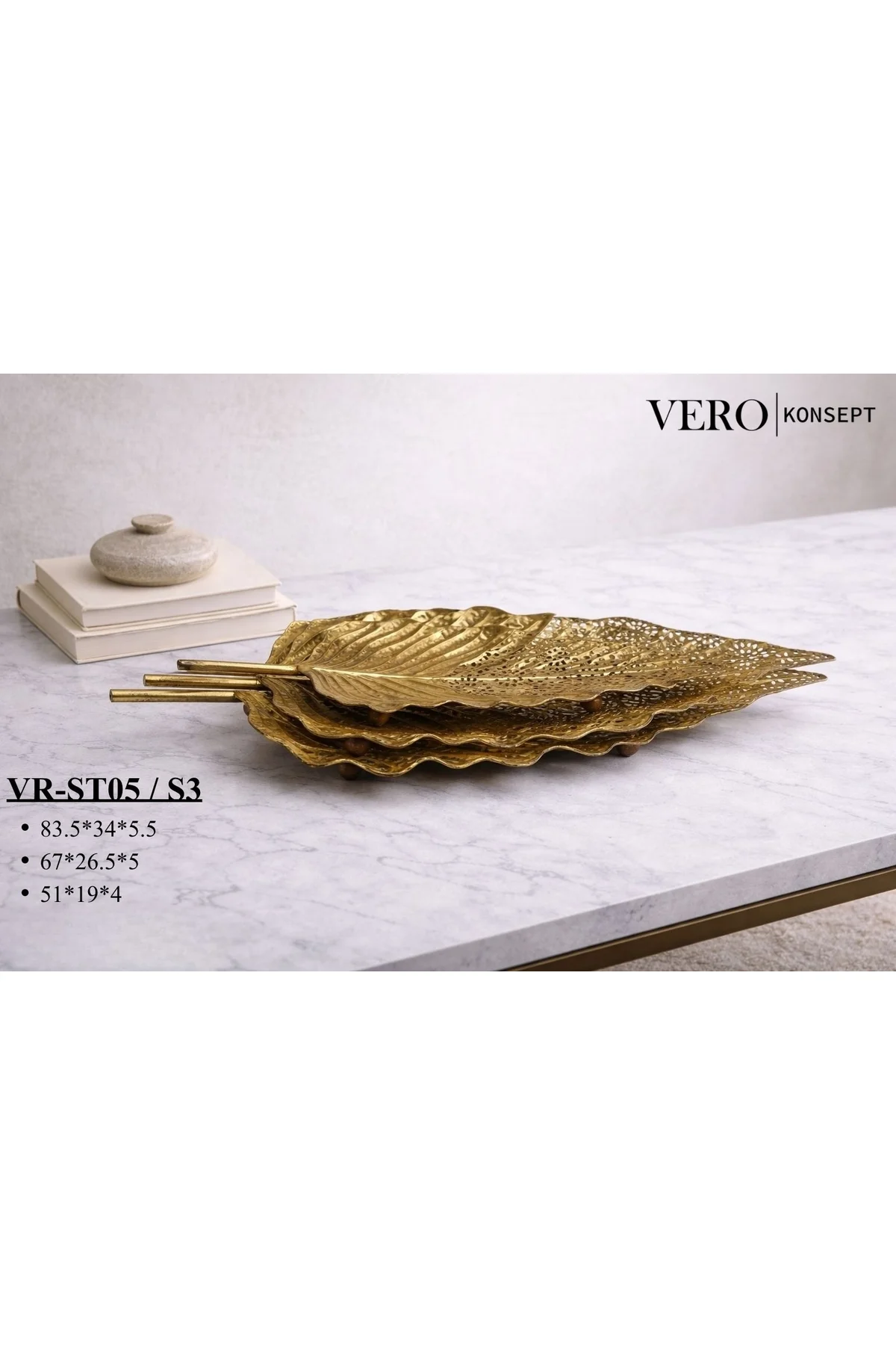 Konsept Lüks Antik Gold 3 lü Yaprak Tasarım Sunum Seti VR-ST05 - 