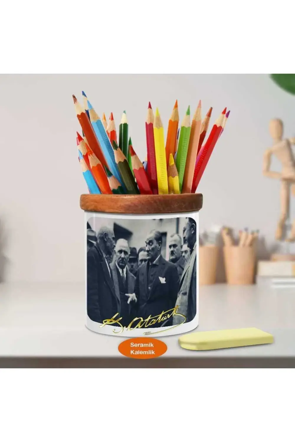 Konuşan Mustafa Kemal Atatürk Ahşap Seramik Kalemlik-(662)