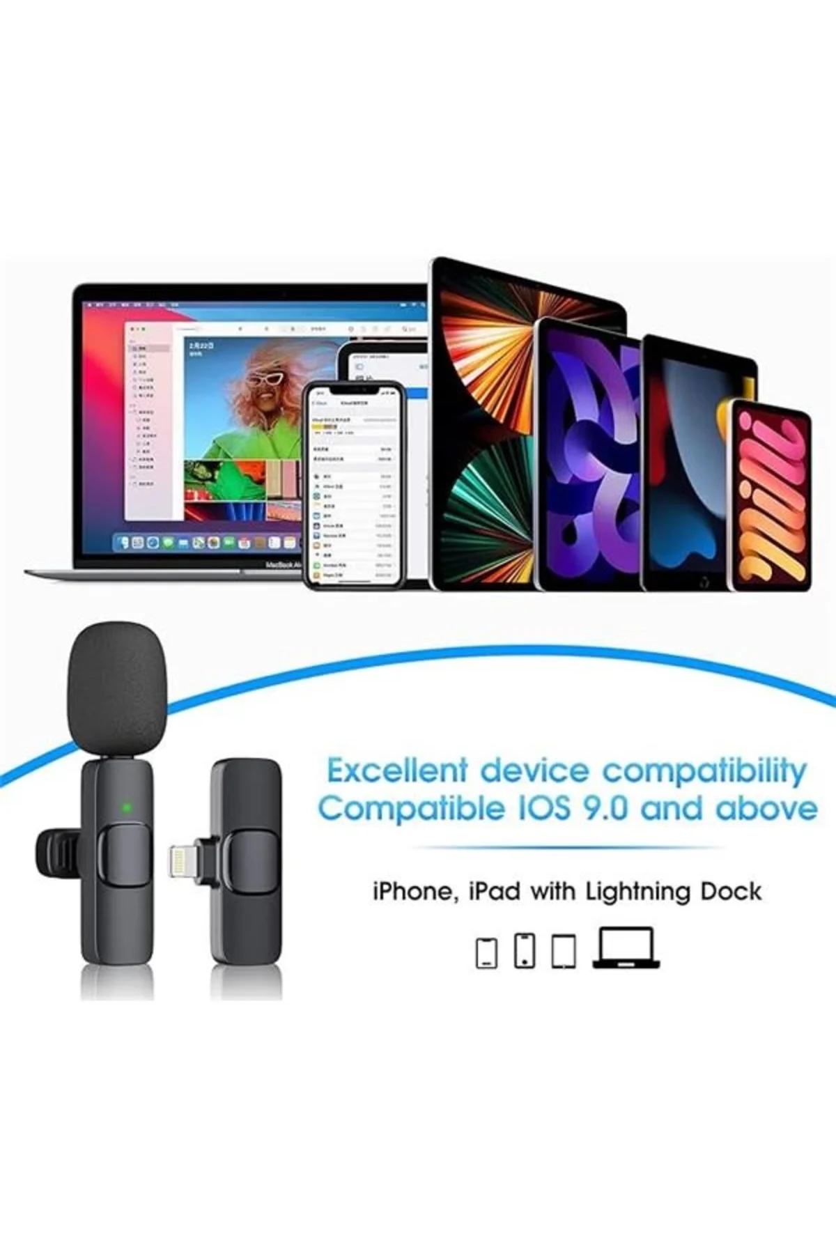 Kopdkes Profesyonel kablosuz yaka mikrofonu iPhone iPad, Plug-Play 2.4G Ultra Düşük Gecikme-Dahili