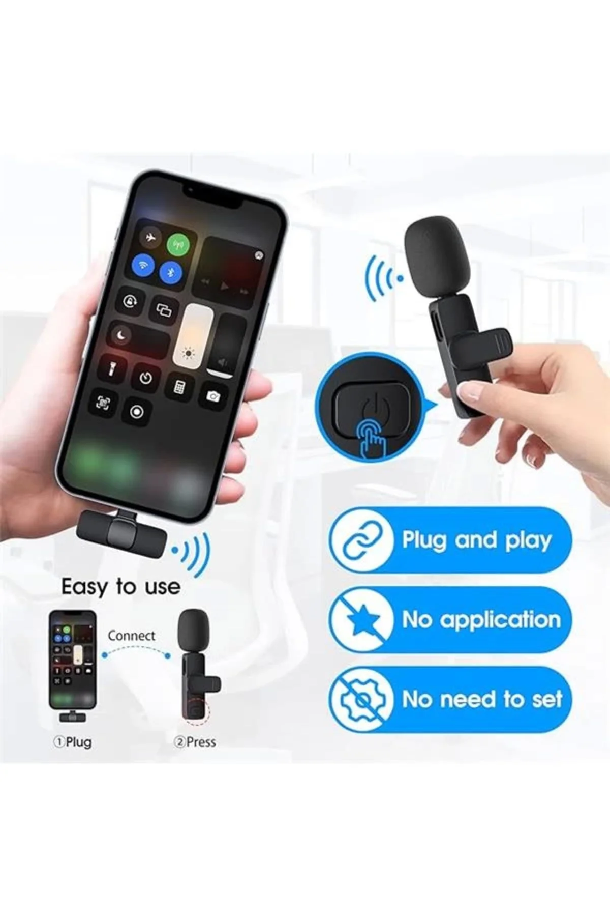 Kopdkes Profesyonel kablosuz yaka mikrofonu iPhone iPad, Plug-Play 2.4G Ultra Düşük Gecikme-Dahili