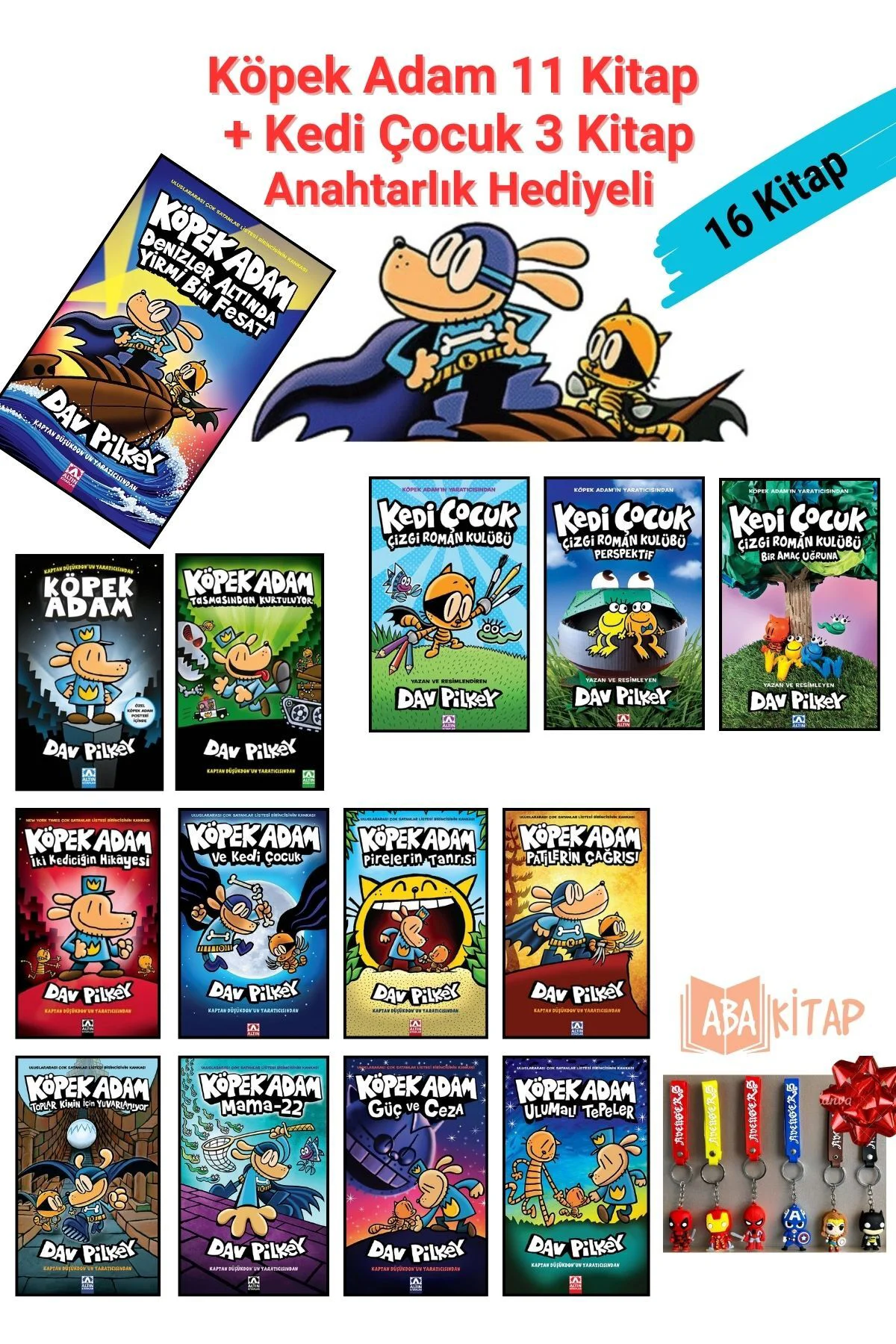 Köpek Adam 11 Kitap + Kedi Çocuk 3 Kitap, 14 Kitap Set, Dav PILKE