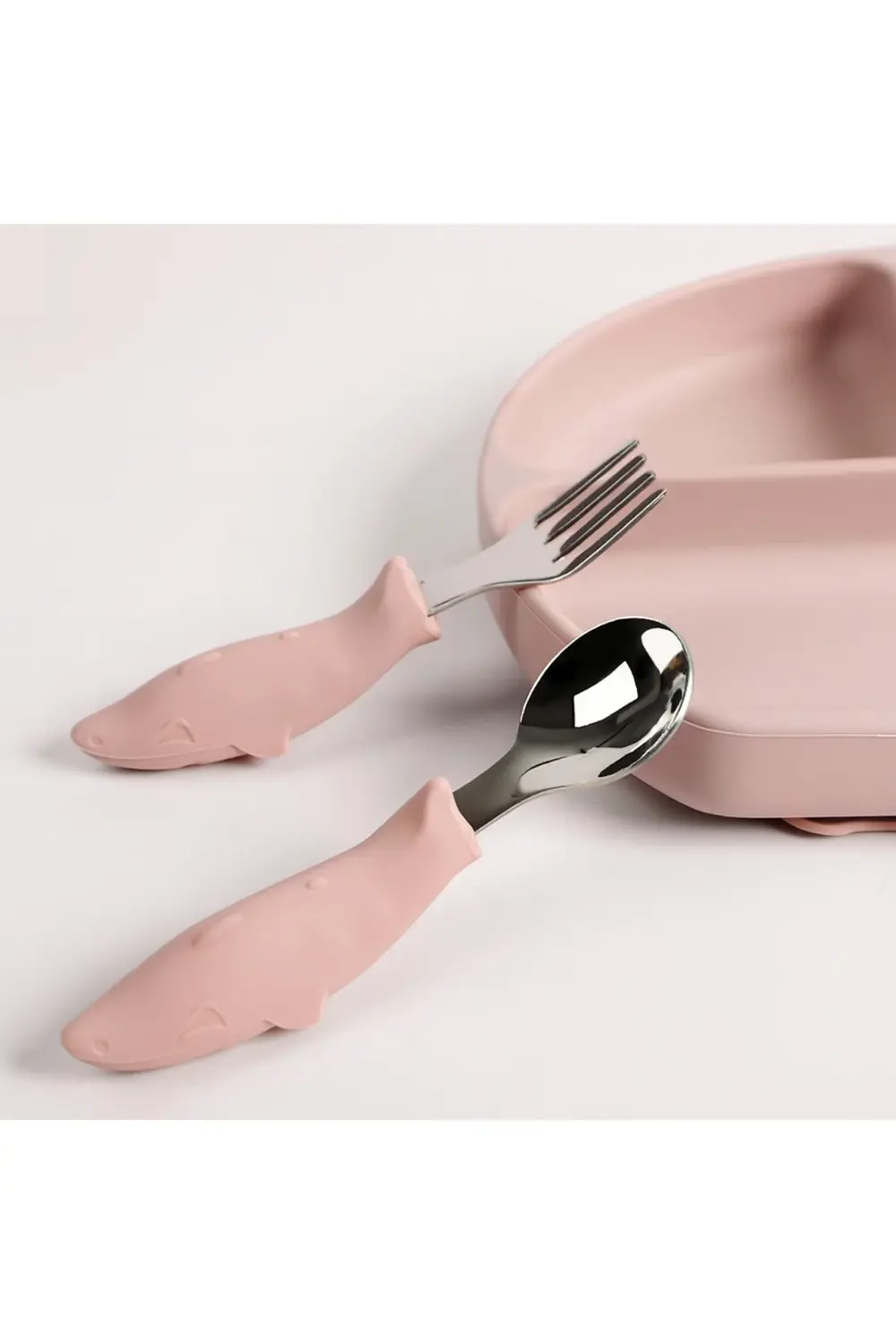 Köpek Balığı Figürlü Silikon Saplı Bebek Çatal Kaşık Seti Açık Pe