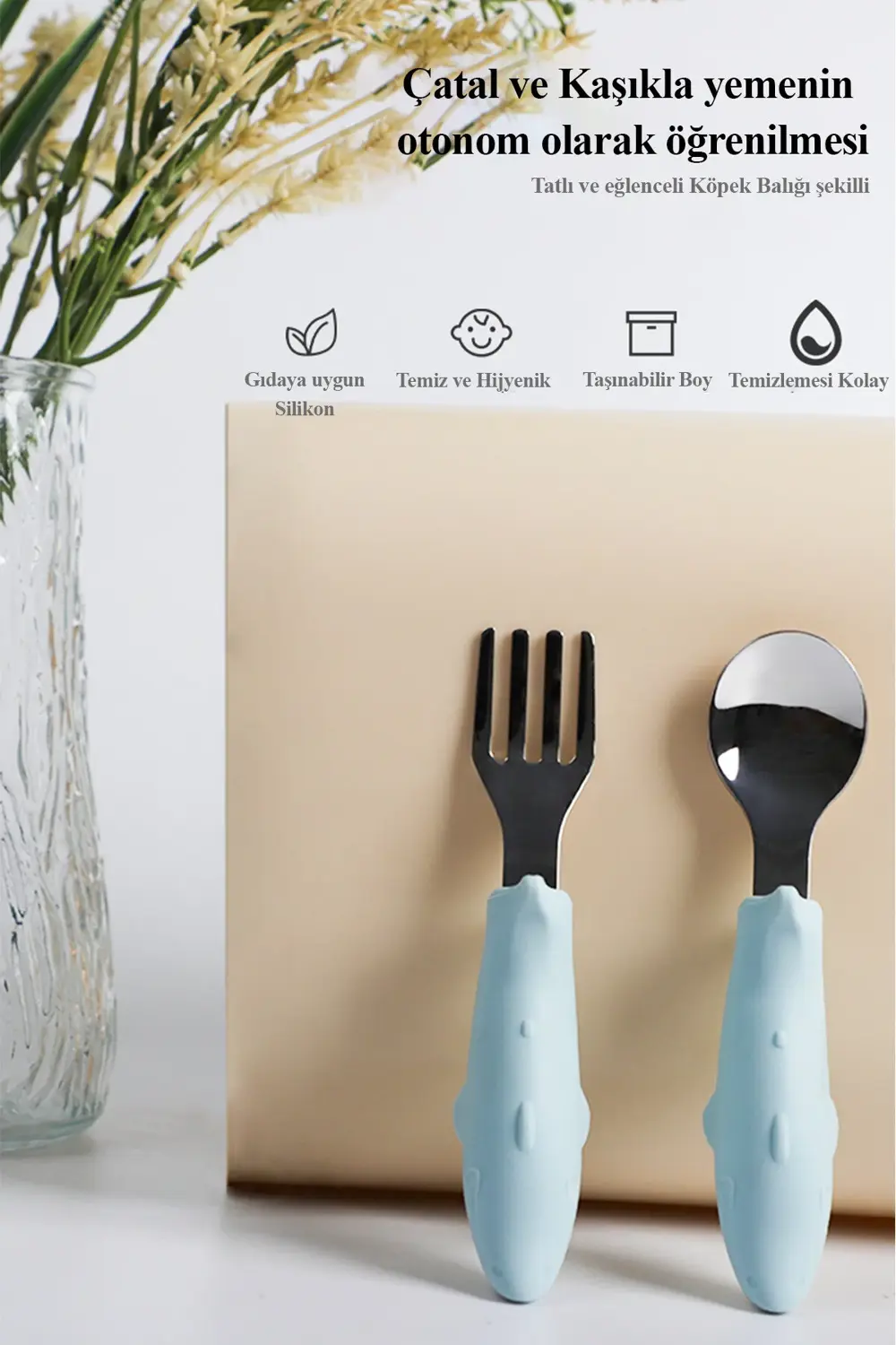 Köpek Balığı Figürlü Silikon Saplı Bebek Çatal Kaşık Seti Pembe