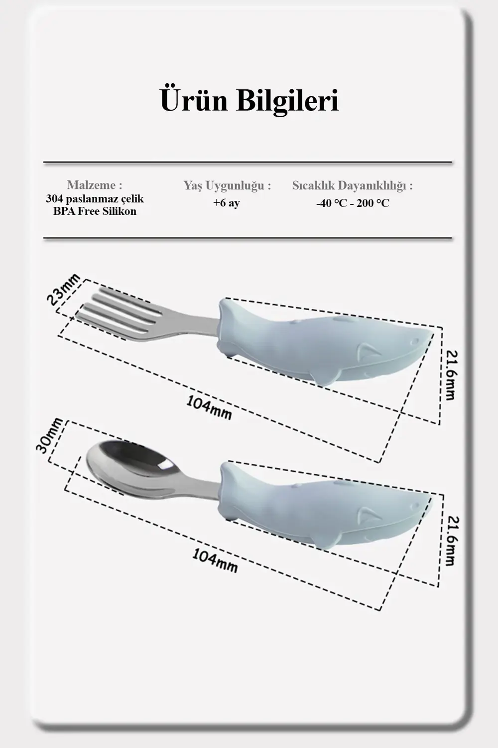 Köpek Balığı Figürlü Silikon Saplı Bebek Çatal Kaşık Seti Mavi
