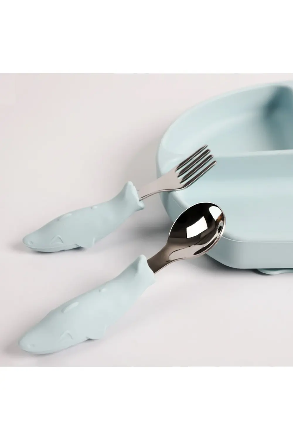 Köpek Balığı Figürlü Silikon Saplı Bebek Çatal Kaşık Seti Açık Ma