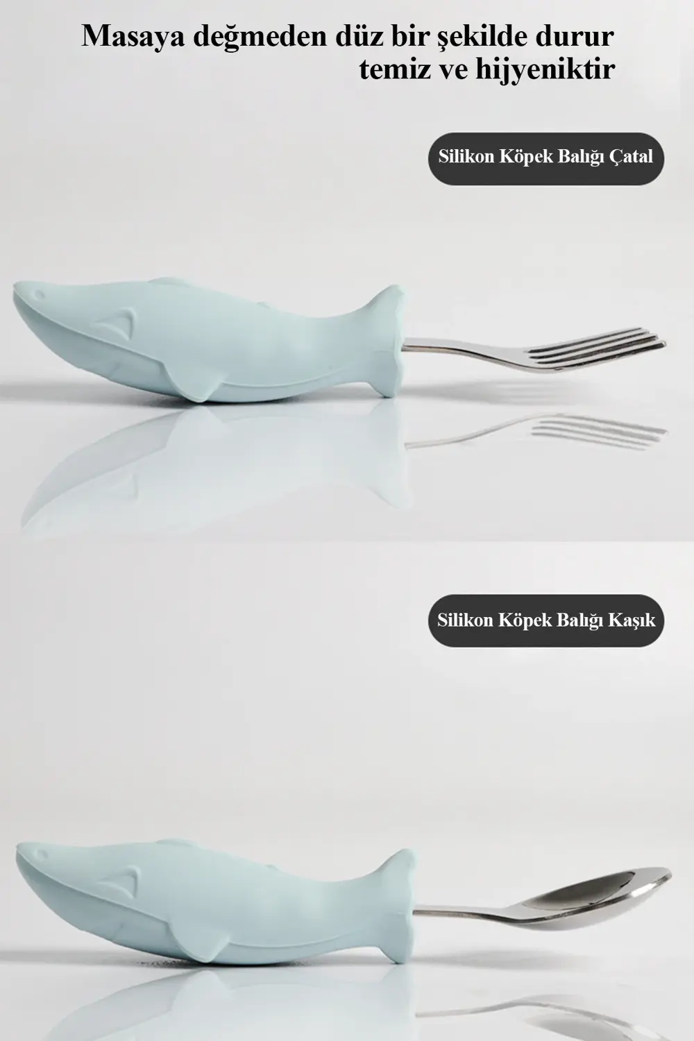 Köpek Balığı Figürlü Silikon Saplı Bebek Çatal Kaşık Seti Mavi