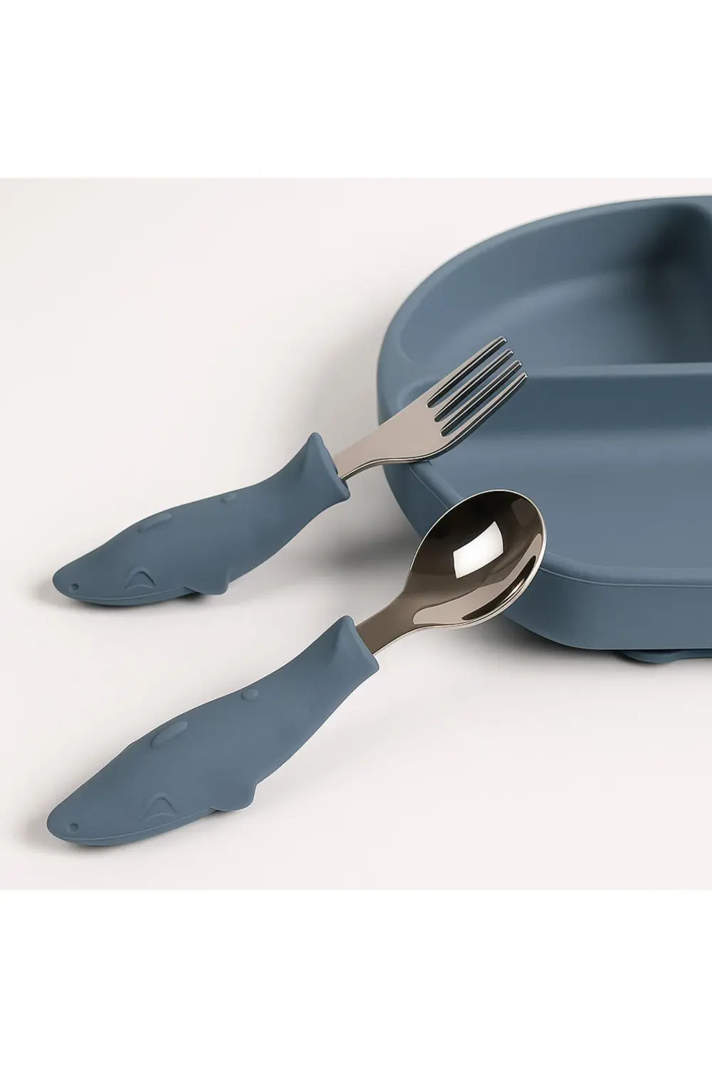 Köpek Balığı Figürlü Silikon Saplı Bebek Çatal Kaşık Seti Mavi