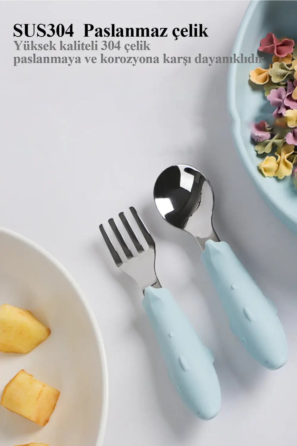 Köpek Balığı Figürlü Silikon Saplı Bebek Çatal Kaşık Seti Açık Pe