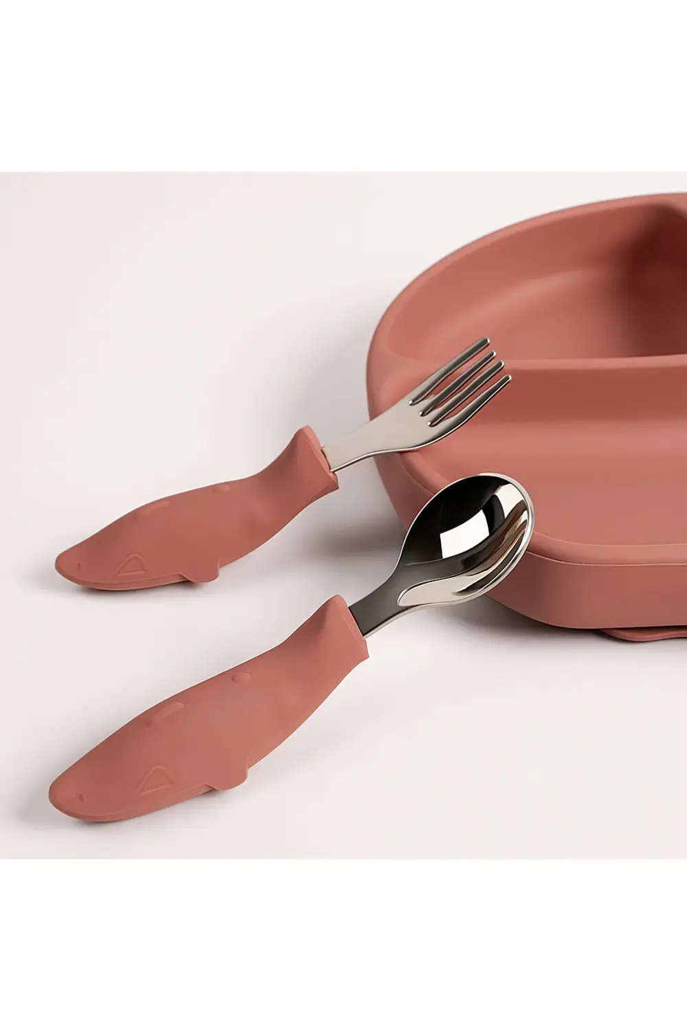 Köpek Balığı Figürlü Silikon Saplı Bebek Çatal Kaşık Seti Pembe