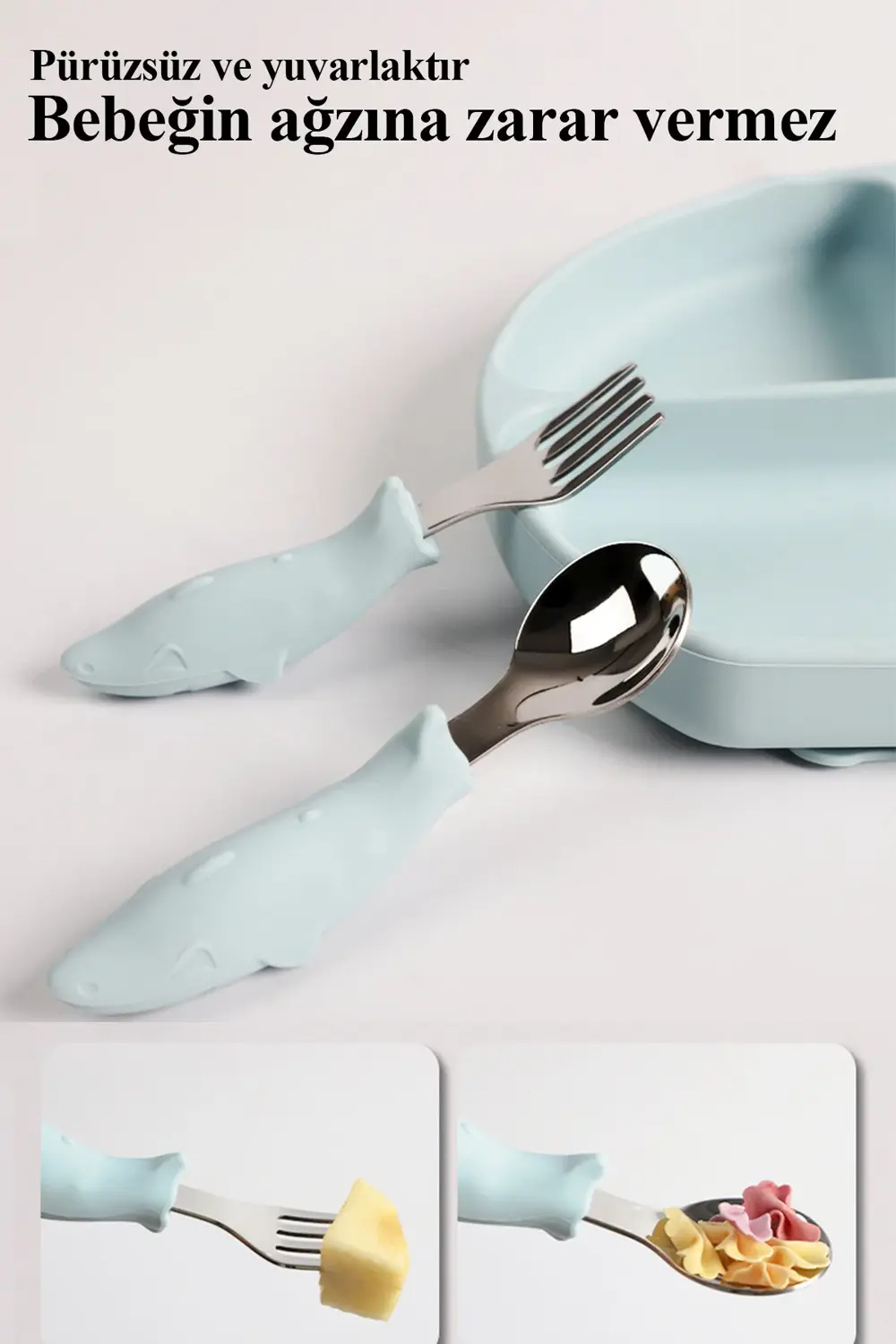 Köpek Balığı Figürlü Silikon Saplı Bebek Çatal Kaşık Seti Açık Pe