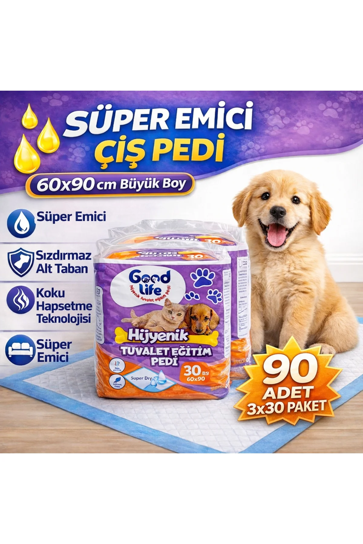 Köpek Çiş Pedi 60x90 Yatak Koruyucu 3'lü