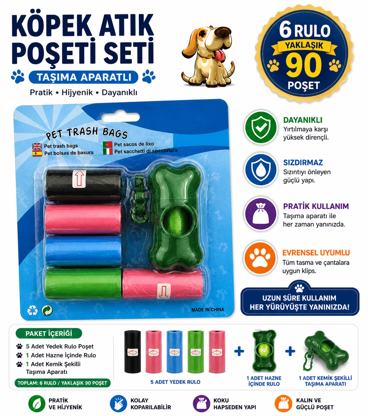 Köpek Dışkı Poşeti 6 rulo + Taşıma Aparatı Hediyeli ( 90 poşet - 