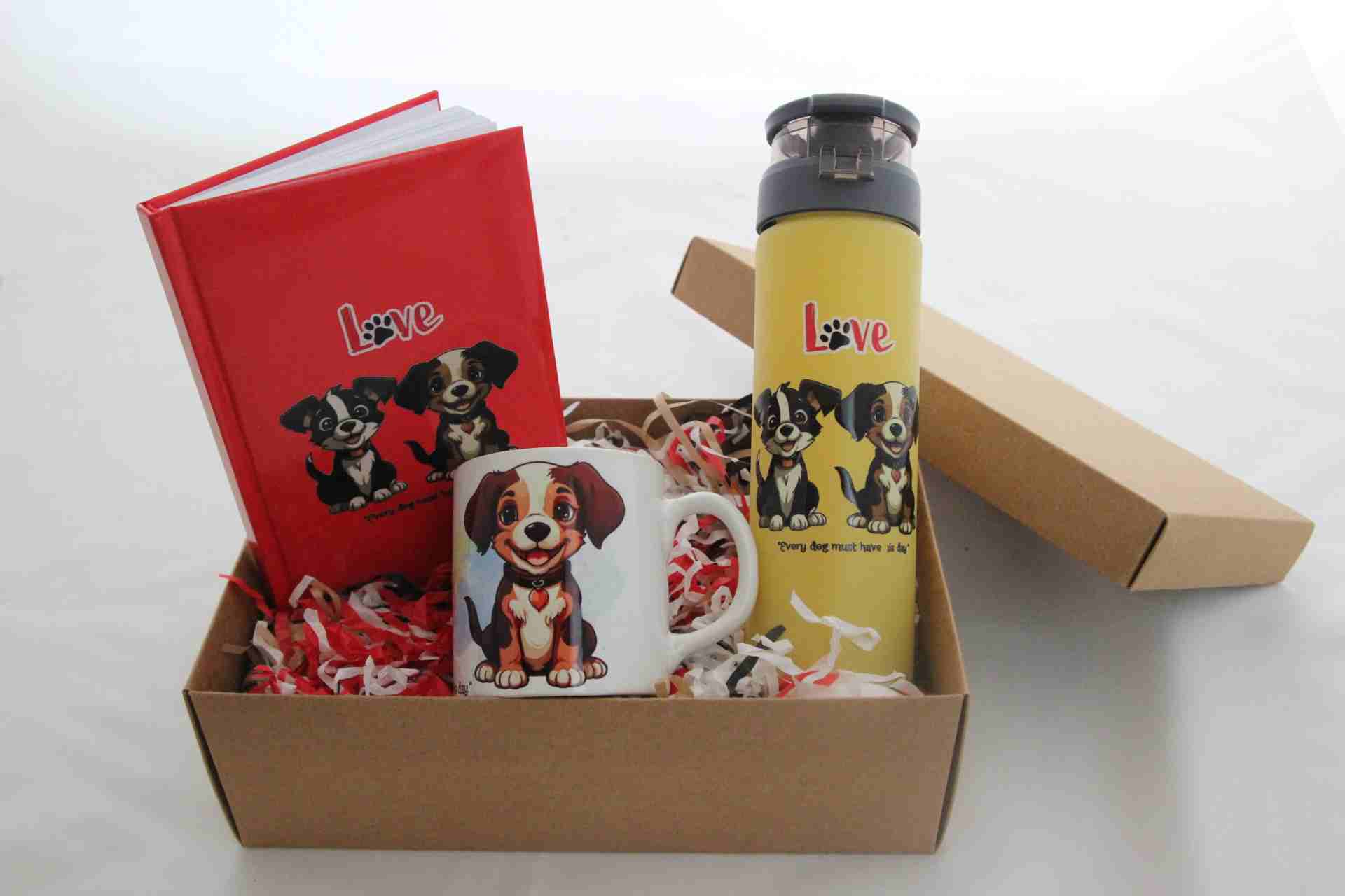 İhtiyaçavm Köpek Temalı Hediye Seti - Baskılı Termos, Defter Ve Kupa Bardak Hediye Kutusu