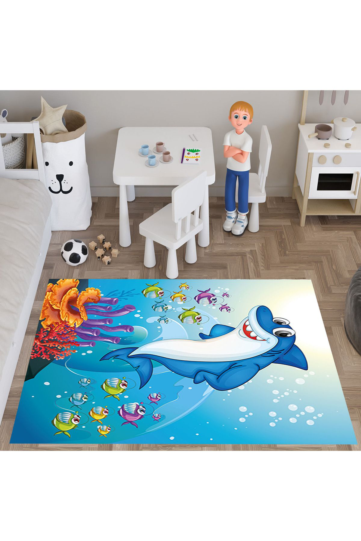 Evan Home Köpekbaliği Desenli  Dijital Baski Yikanabilir Kaymaz Taban Çocuk Odasi Halisi