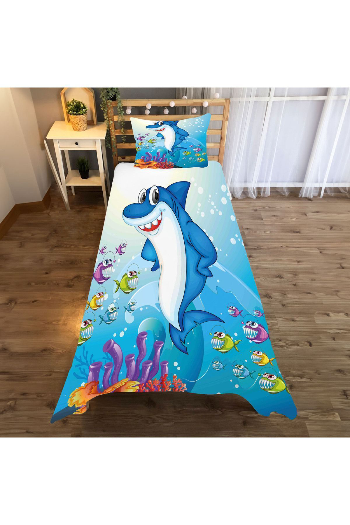 Evan Home Köpekbalığı Desenli Yatak Örtüsü Ve Yastık Kılıfı 2Li Takımı