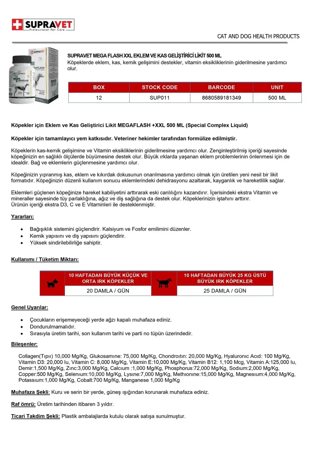 Supravet Köpekler İçin Eklem Ve Kas Geliştirici Likit Xxl 500Ml