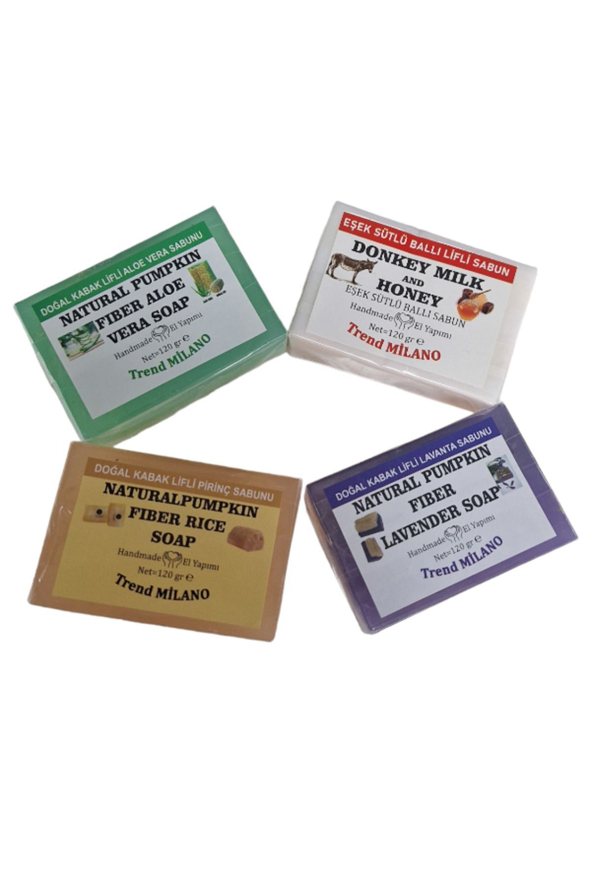 KOPYA - 4 lü Set Doğal Kabak Lifli Sabun Aloe Vera - Lavanta - Pi