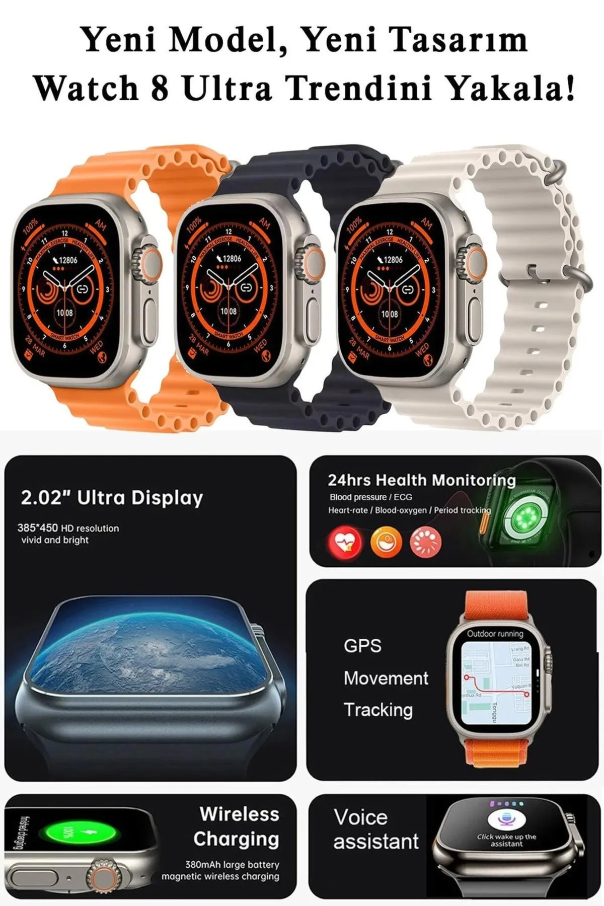 Kordon Kilitli Vidalı 49mm Ekranlı, Nabız ve Uyku Takibi Özellikli, Suya Dayanıklı Akıllı Saat