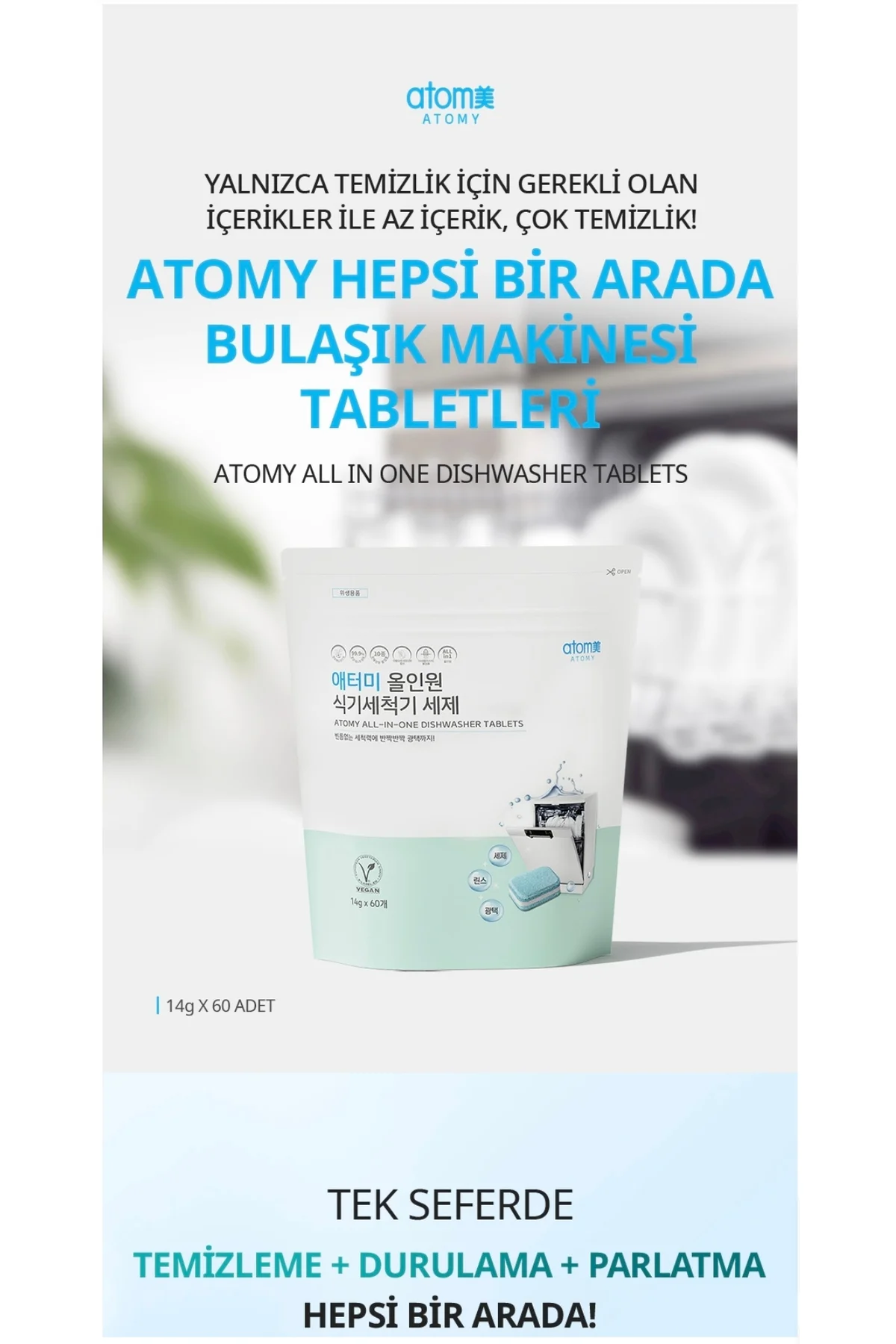 Kore ürünü hepsi bir arada bulaşık makinesi tabletleri 60 adet