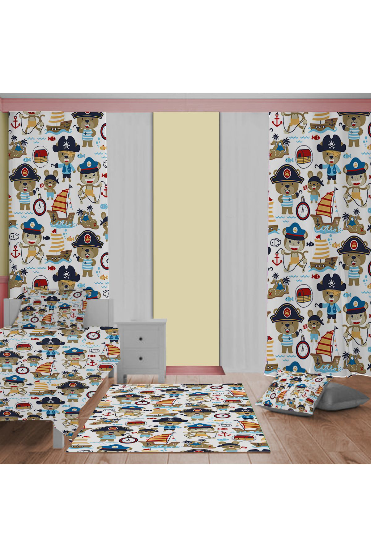 Evan Home Korsan Eşyaları Desenli Çocuk Odası Takım Perde (İki Kanat),Yatak Örtüsü,Yastık,Kırlent ,Halı,