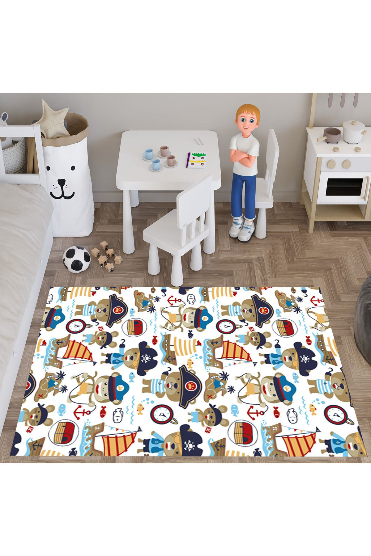 Evan Home Korsan Eşyaları Desenli Çocuk Odası Takım Perde (İki Kanat),Yatak Örtüsü,Yastık,Kırlent ,Halı,