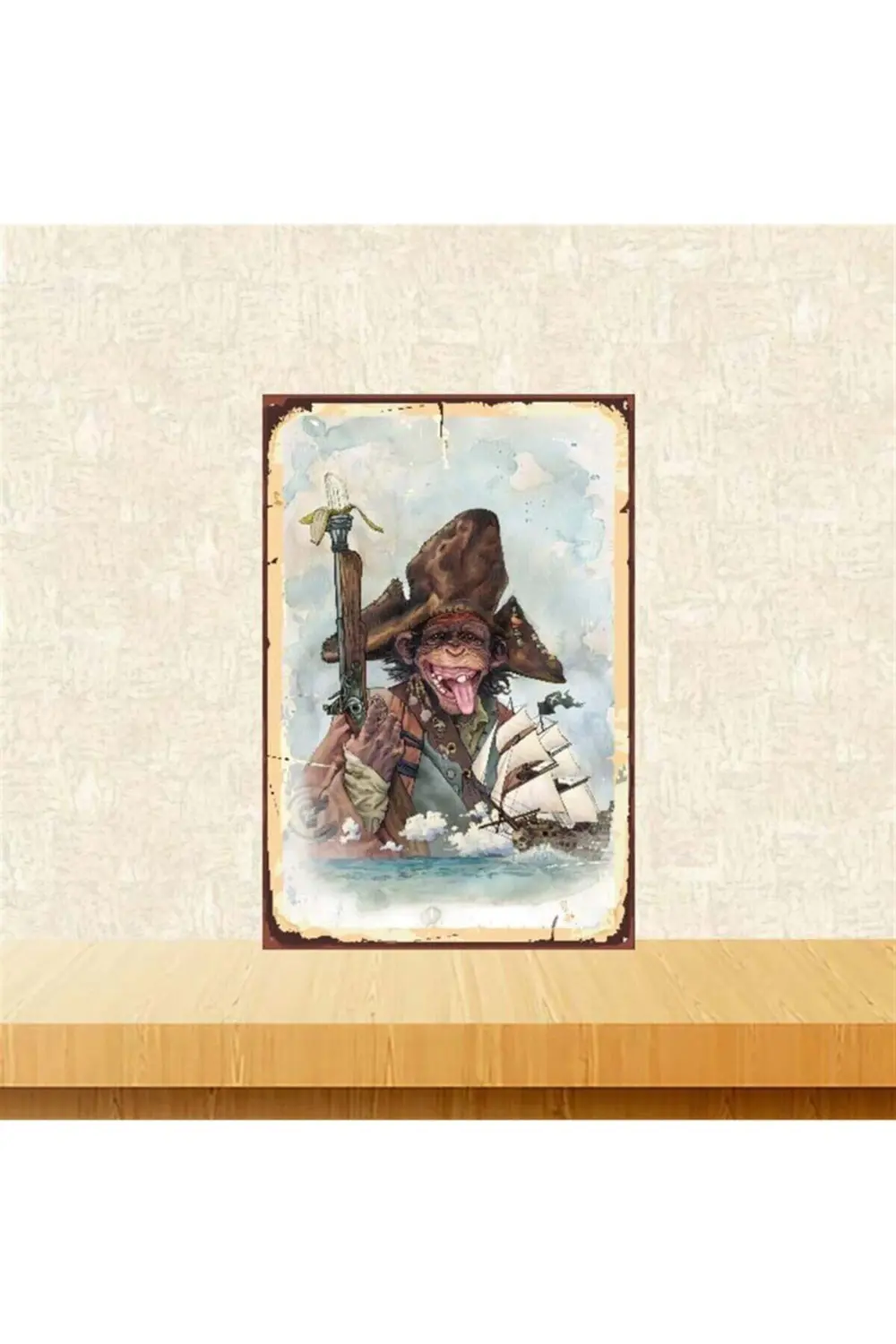 Korsan Maymun Tasarımlı 20-30 cm Retro Ahşap Poster