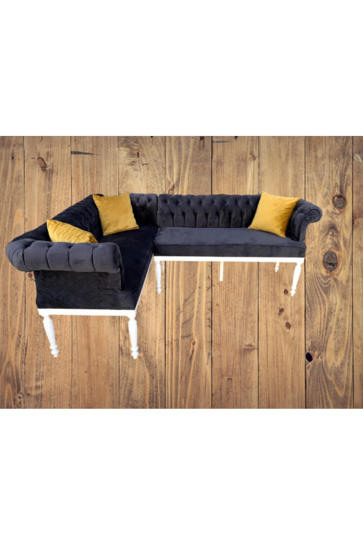 Köşe 13840 Tk Chester Model Ahşap Kayın Torna ASLAN Ayak Babyfac Lacivert kumaş - Görsel 2