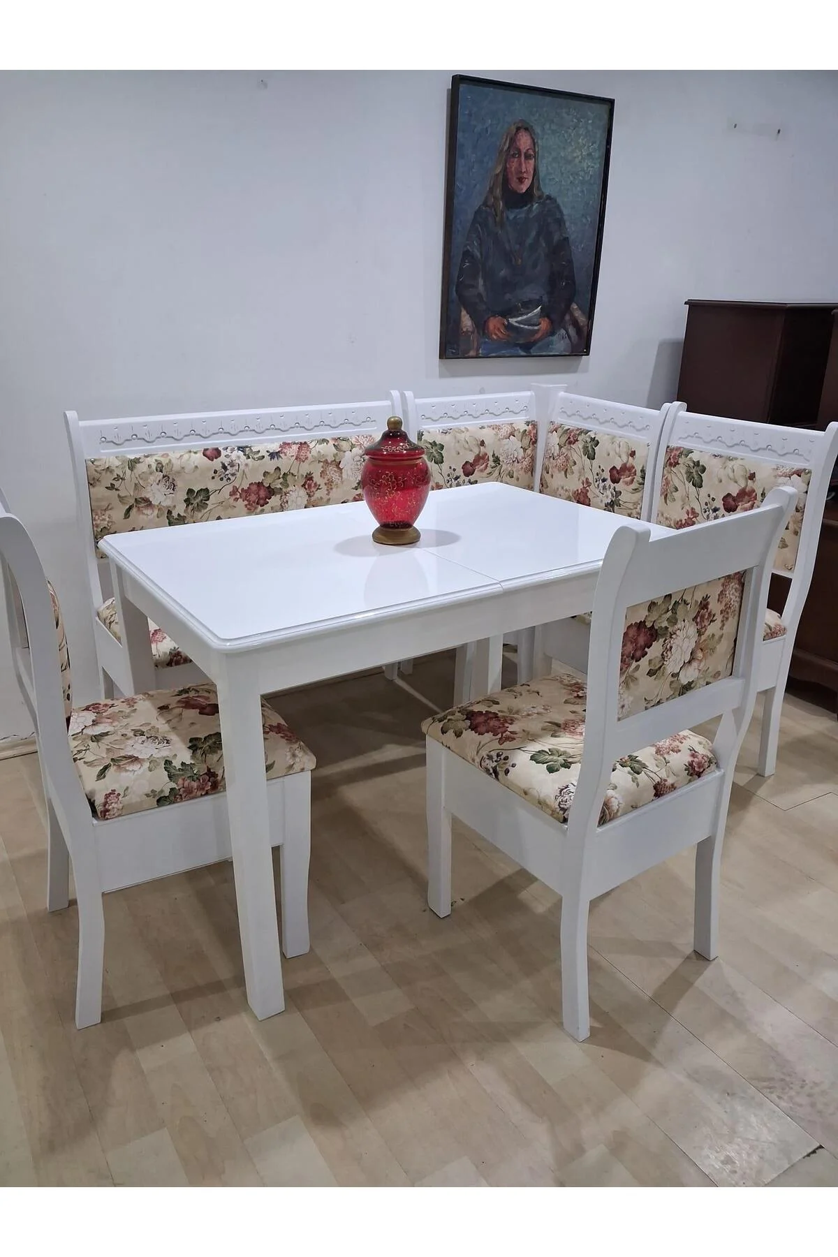 Köşe Mutfak 90568 Tk Kayın ahşap Sandık Açıl Masa Babyface Çiçekli Kumaş Parlak Beyaz Lake - Görsel 6