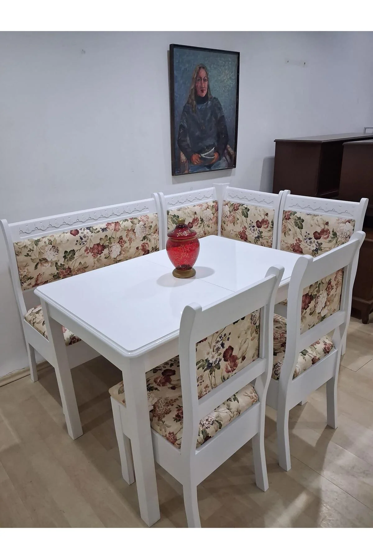 Köşe Mutfak 90568 Tk Kayın ahşap Sandık Açıl Masa Babyface Çiçekli Kumaş Parlak Beyaz Lake - Görsel 7
