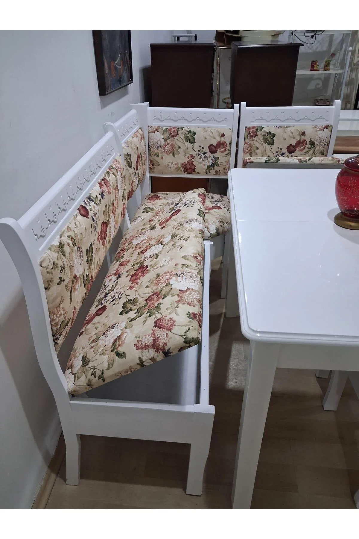 Köşe Mutfak 90568 Tk Kayın ahşap Sandık Açıl Masa Babyface Çiçekli Kumaş Parlak Beyaz Lake - Görsel 2