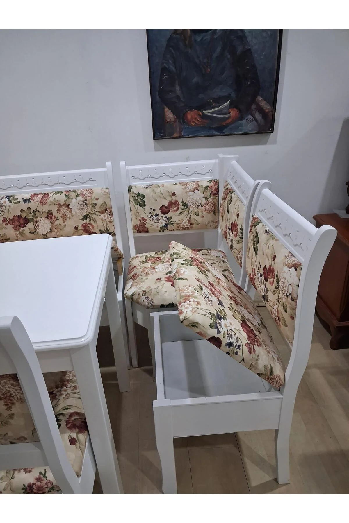 Köşe Mutfak 90568 Tk Kayın ahşap Sandık Açıl Masa Babyface Çiçekli Kumaş Parlak Beyaz Lake - Görsel 5