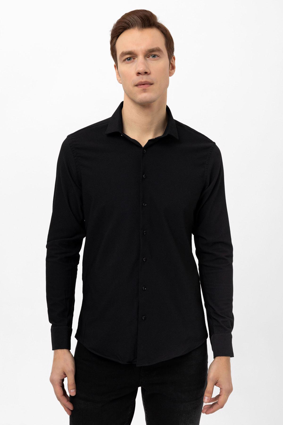 Süvari Köşeli Manşet Slim Kalıp Armürlü Gömlek