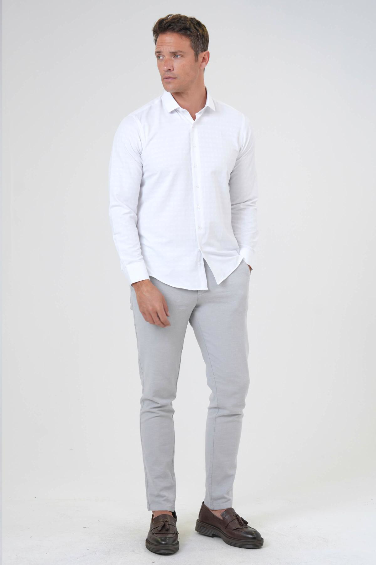 Süvari Köşeli Manşet Slim Kalıp Armürlü Gömlek