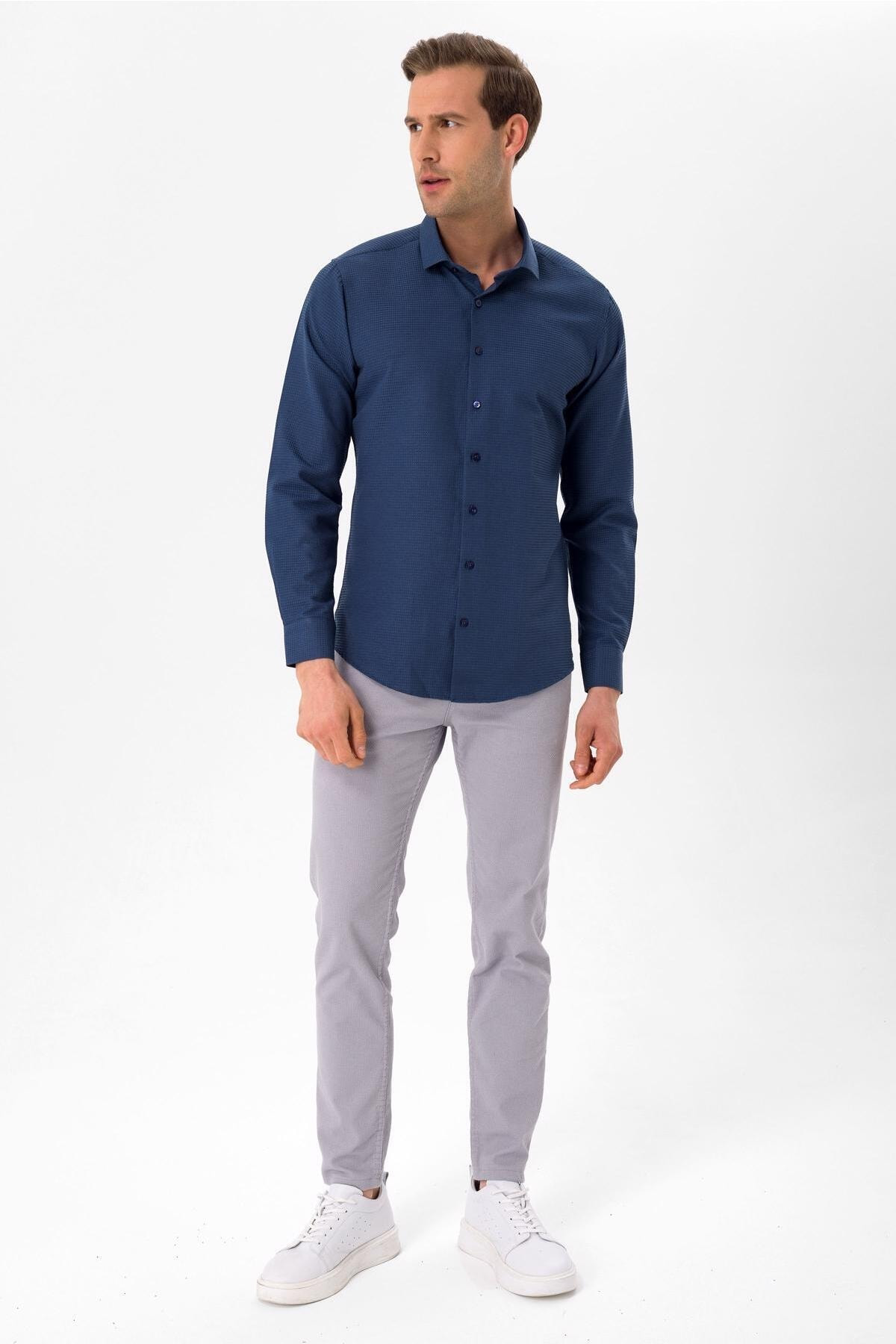 Süvari Köşeli Manşet Slim Kalıp Armürlü Gömlek