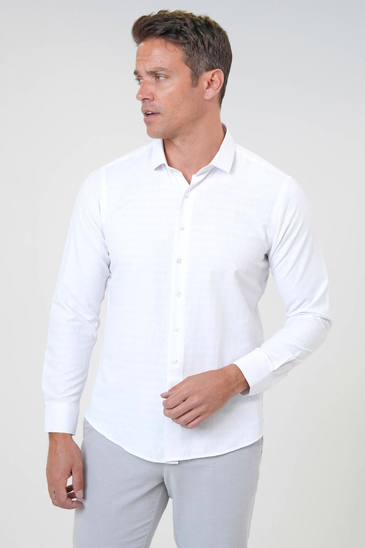 Süvari Köşeli Manşet Slim Kalıp Armürlü Gömlek