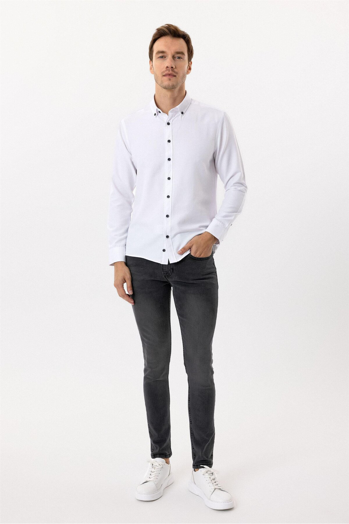 Süvari Köşeli Manşet Slimfit Düz Gömlek