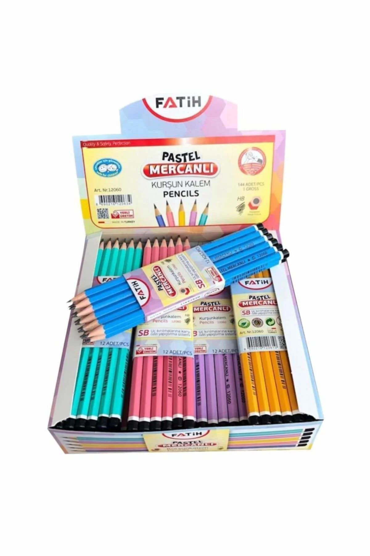 Köşeli Mercanlı Kurşun Kalem 12'li Pastel Renkler Mor Gövde