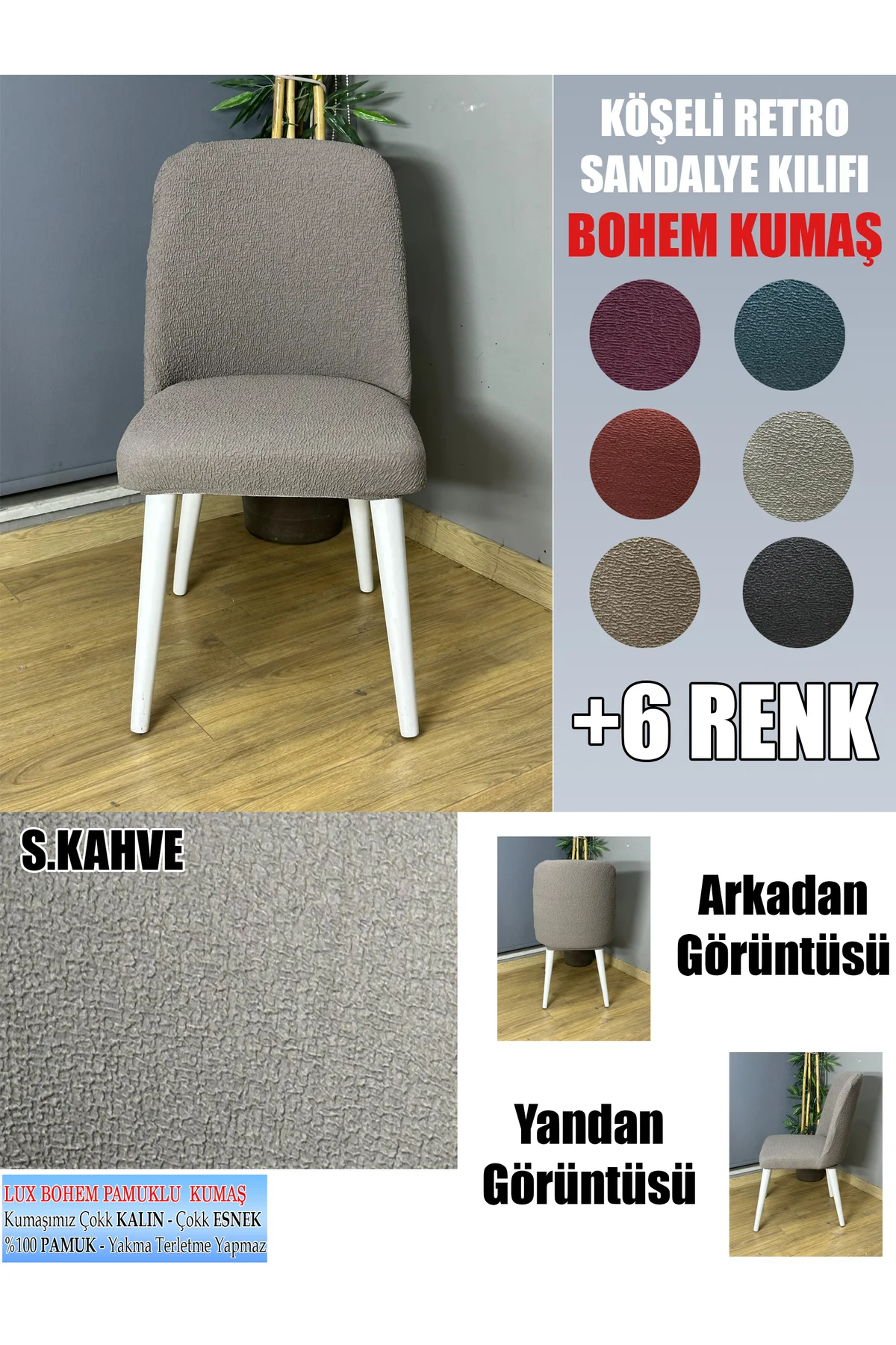 KÖŞELİ RETRO SANDALYE KILIFI 6 ADET LÜX BOHEM KUMAŞ ÇOK KALIN %10