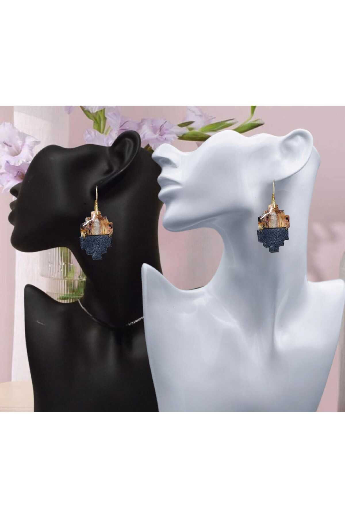 Köşeli Siyah& Kahverengi Polimer Kil & Epoksi Tasarım Küpe