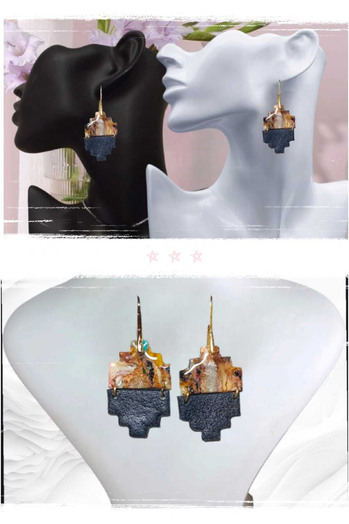 Köşeli Siyah& Kahverengi Polimer Kil & Epoksi Tasarım Küpe