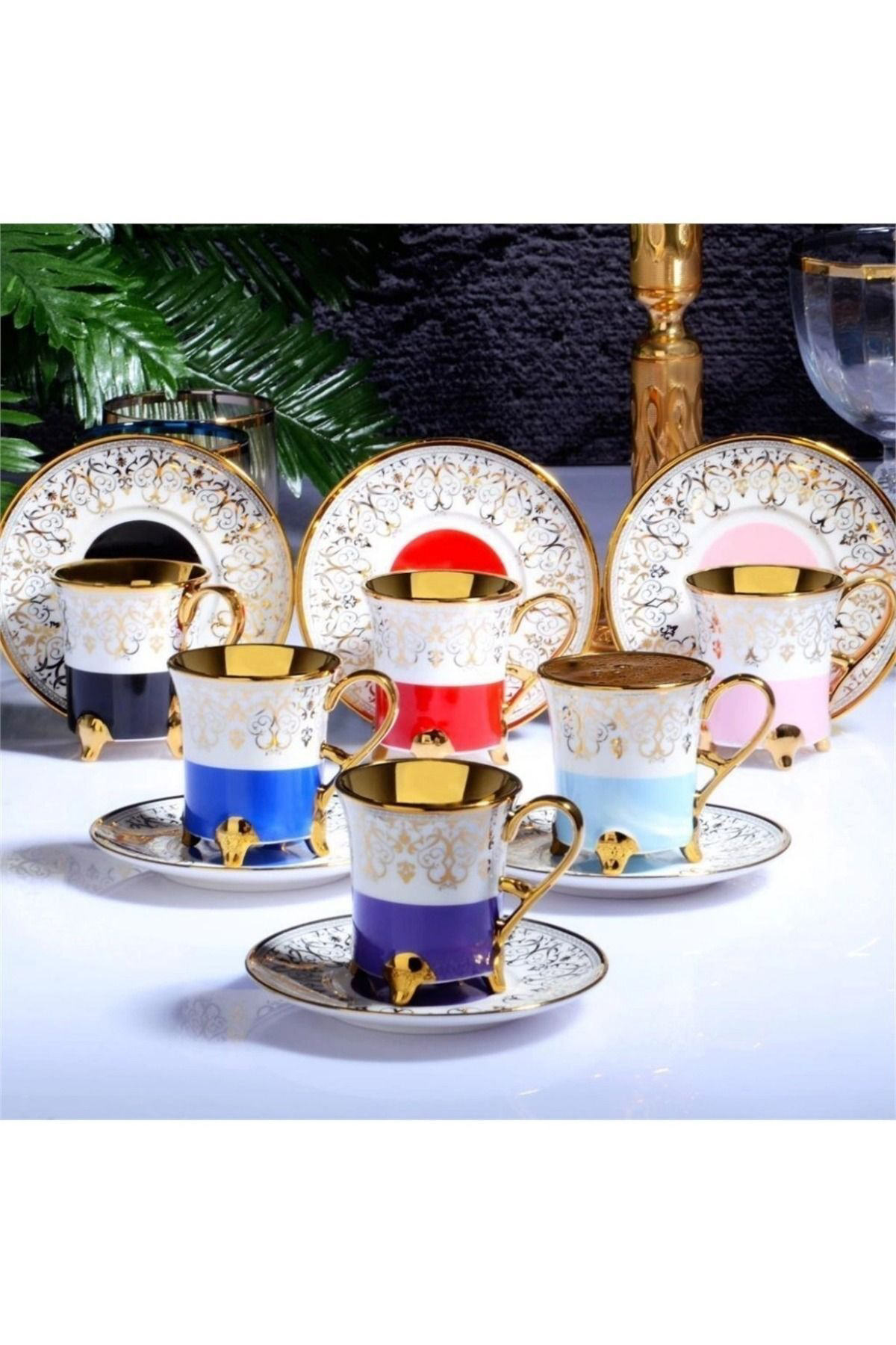 Elif Aksesuar Kosova Porselen Diana Ayaklı 6'Lı Fincan Takımı 90 Cc Gold İst-14