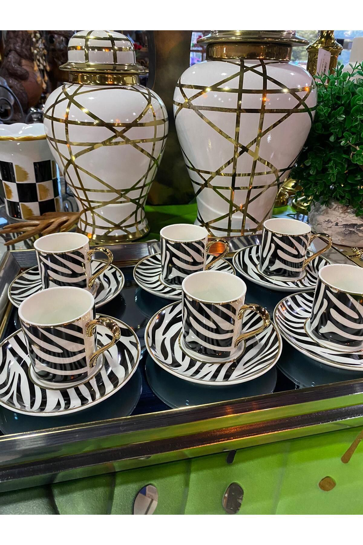 Elif Aksesuar Kosova Porselen 6'Lı Kahve Fincan Takımı Black&White