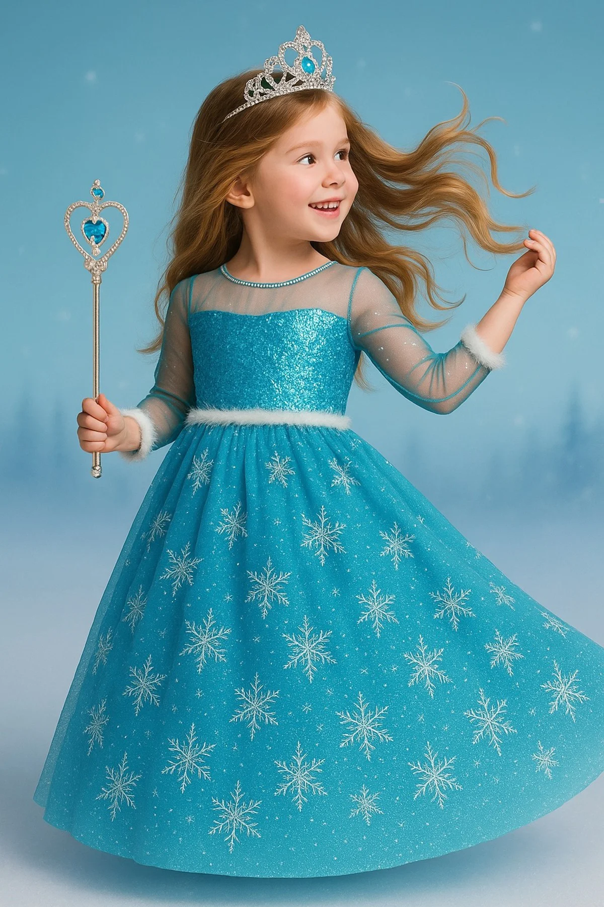 Kostüm Seti Uzun Kollu Mavi Frozen Elbise + Taç + Asa | Kız Çocuk