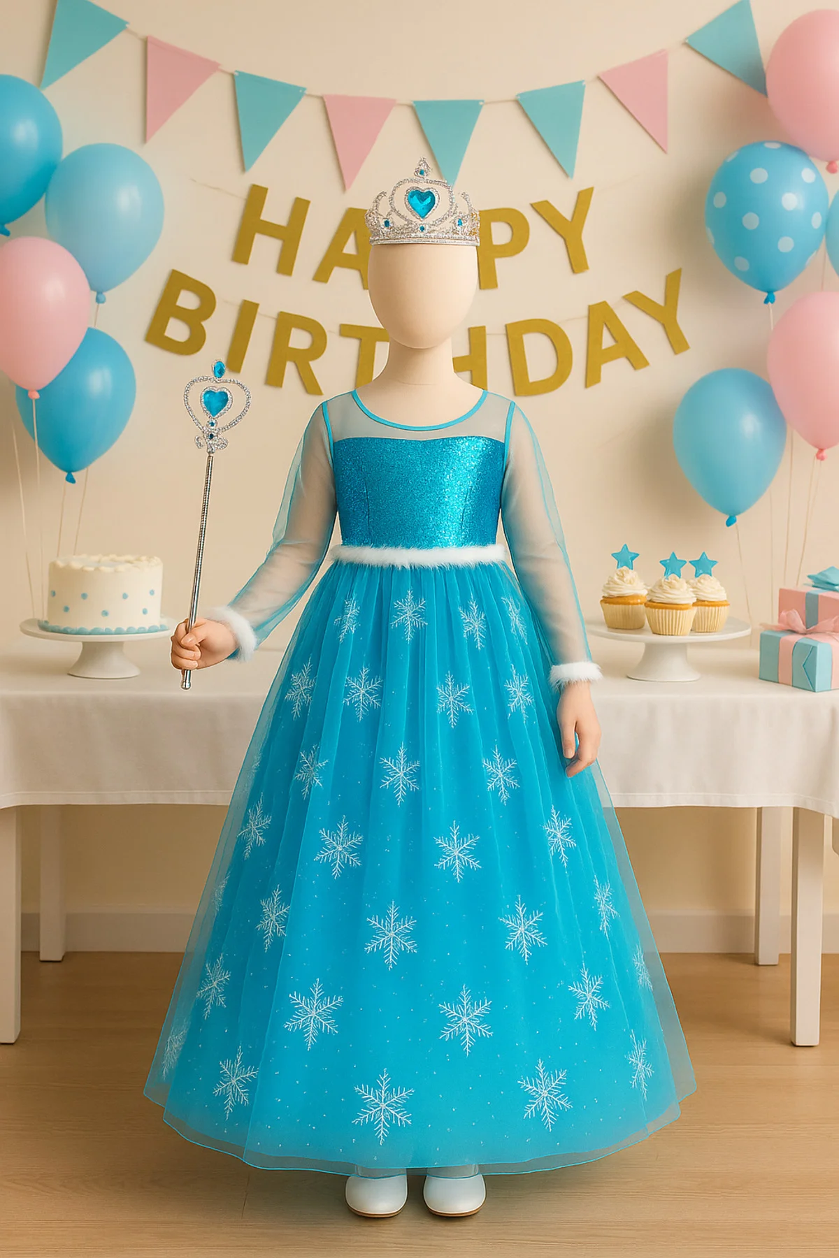 Kostüm Seti Uzun Kollu Mavi Frozen Elbise + Taç + Asa | Kız Çocuk