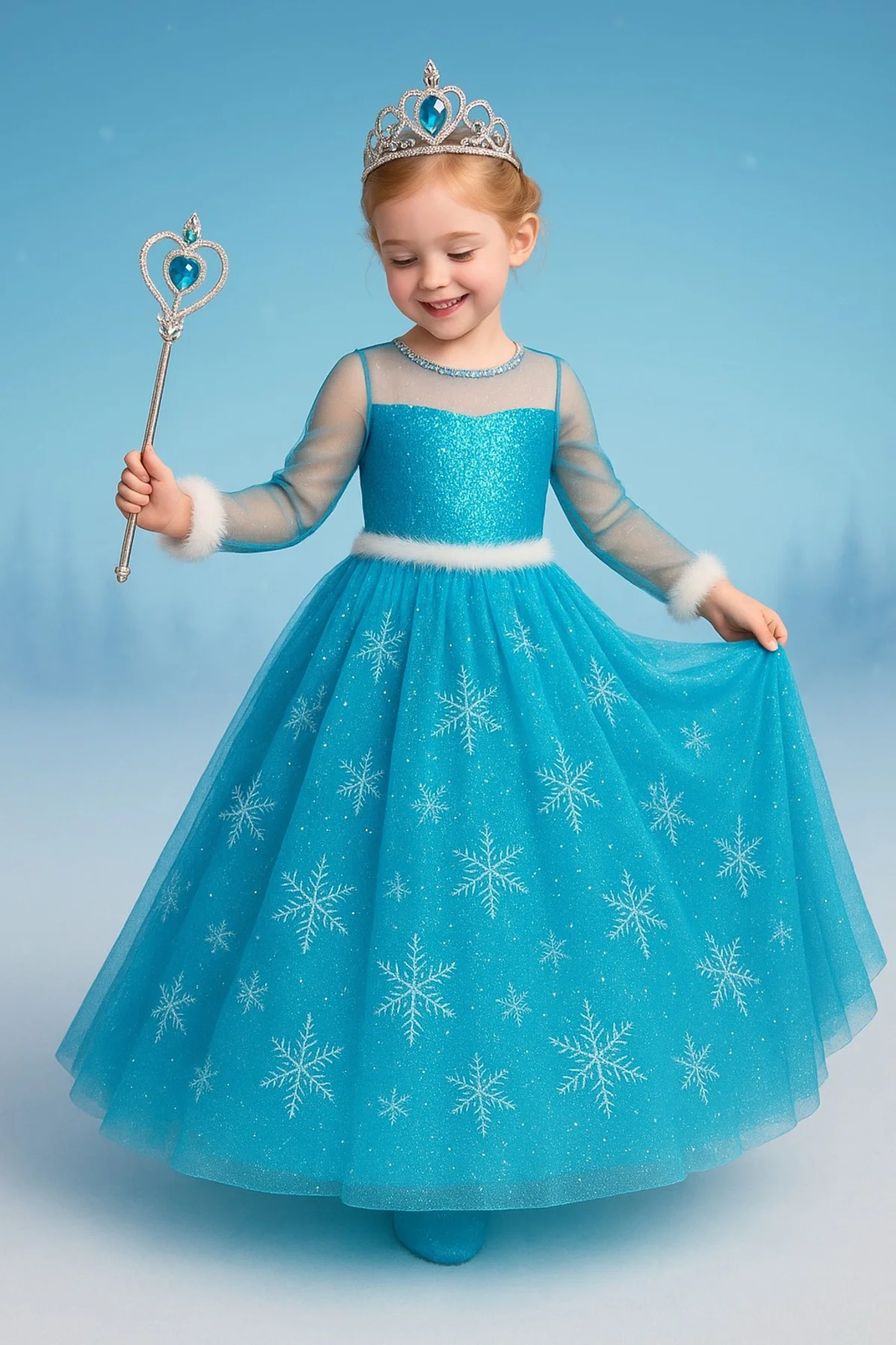 Kostüm Seti Uzun Kollu Mavi Frozen Elbise + Taç + Asa | Kız Çocuk