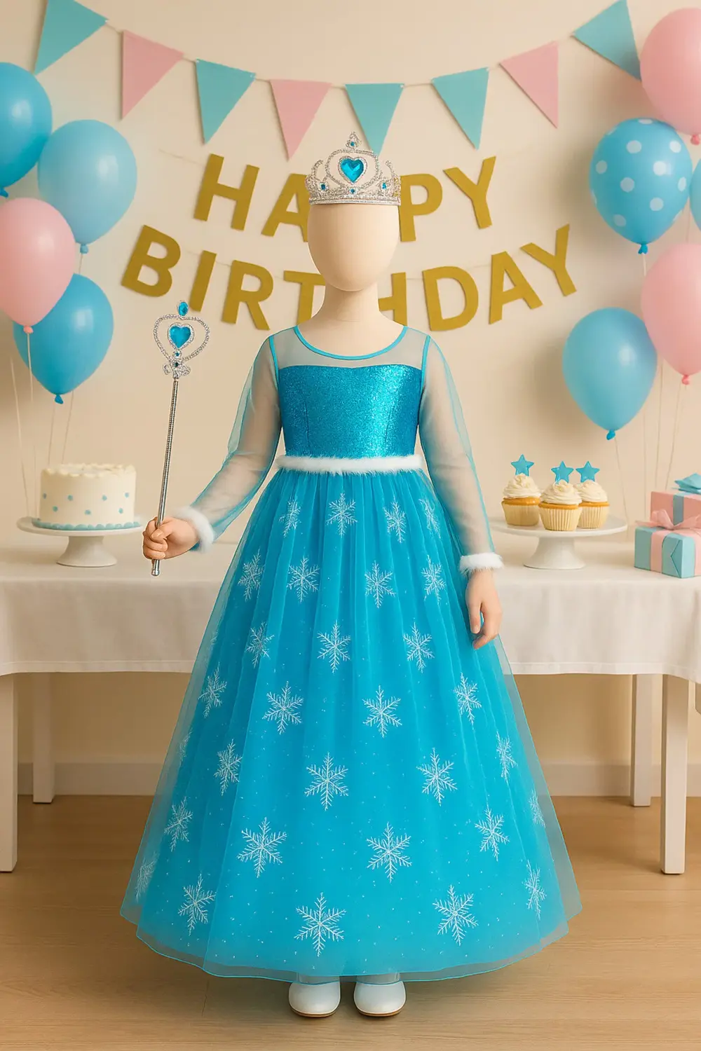 Parti Kırtasiye Kostüm Seti Uzun Kollu Mavi Frozen Elbise + Taç + Asa | Kız Çocuk